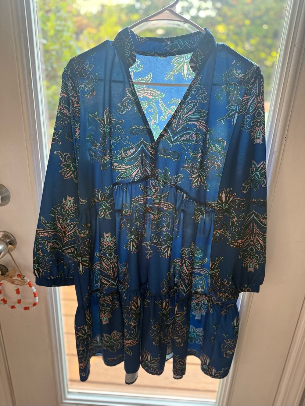 Floral Paisley Blue Tiered V-Neck Women's Dress